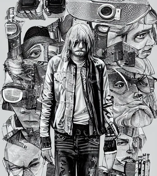 Image similar to Kurt Cobain with multiple digital patchwork faces, techwear, Industrial Scifi, detailed illustration, character portrait, by Martin Grip and Moebius