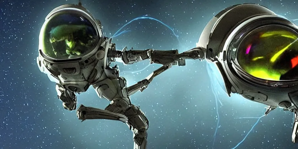 Image similar to lightning bug descendant 1 million in the future is a quadruped with big eyes with rgb ambient lighting ( bug ). the bug wears a spacesuit, and explores the cosmos in a bug - shaped spaceship. science fiction blockbuster movie bugs save the planet or the love bug from saturn, dramatic lighting, interstellar film ( 2 0 1 4 )