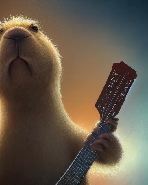 Prompt: Capybara playing Guitar, portrait, dress, magic the gathering artwork, D&D, fantasy, cinematic lighting, centered, symmetrical, highly detailed, digital painting, artstation, concept art, smooth, sharp focus, illustration, volumetric lighting, epic Composition, 8k, art by Akihiko Yoshida and Greg Rutkowski and Craig Mullins, oil painting, cgsociety