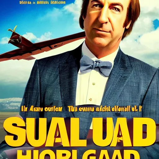 Prompt: movie poster of saul goodman flying a plane, high quality, high detail