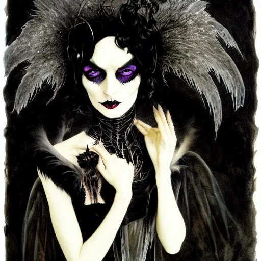 Image similar to goth woman as mysterious supervillain and and black veil and modestly clothed victorian goth, black feathers instead of hair, black wings instead of arms, gray mottled skin, black feathers growing out of skin, transforming, by tim burton and brian froud, german expressionist, paintbrush, rough paper, fine,