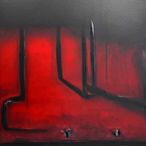 Prompt: depressionist oil painting, harsh reds and black, the concepts of despair and loneliness, cdx