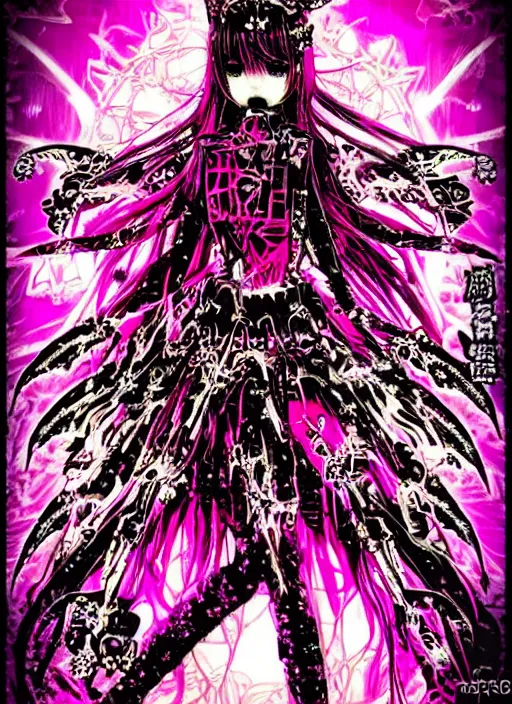 Image similar to spiked bloodmoon goregrind sigil stars draincore, baroque bedazzled gothic royalty frames surrounding a hellfire hexed witchcore aesthetic, dark vhs broken hearts, neon glyphs spiked pixelsort fairy kei decora doll by guro manga artist Shintaro Kago