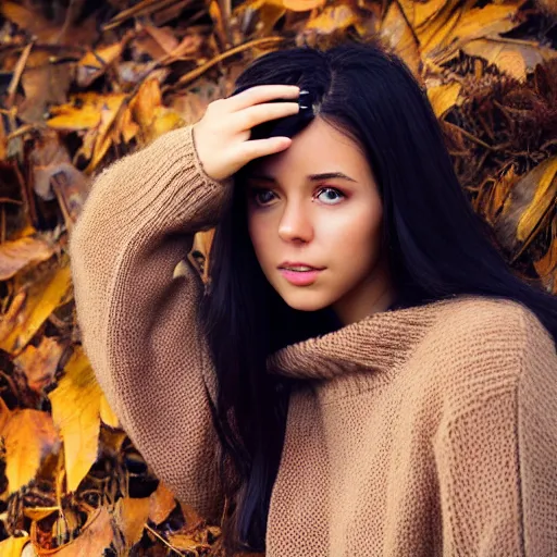 Image similar to real life photo of a beautiful girl, full body photoshoot, long black hair, brown eyes, full round face, short smile, brown sweater, forest setting, cinematic lightning, medium shot, mid - shot, highly detailed, trending on artstation, unreal engine 4 k, 8 0 mm, 8 5 mm, cinematic wallpaper