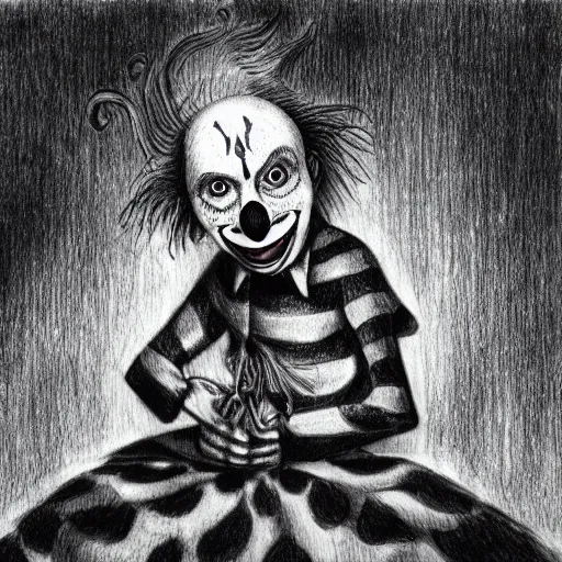 Prompt: drawing of a clown by tim burton