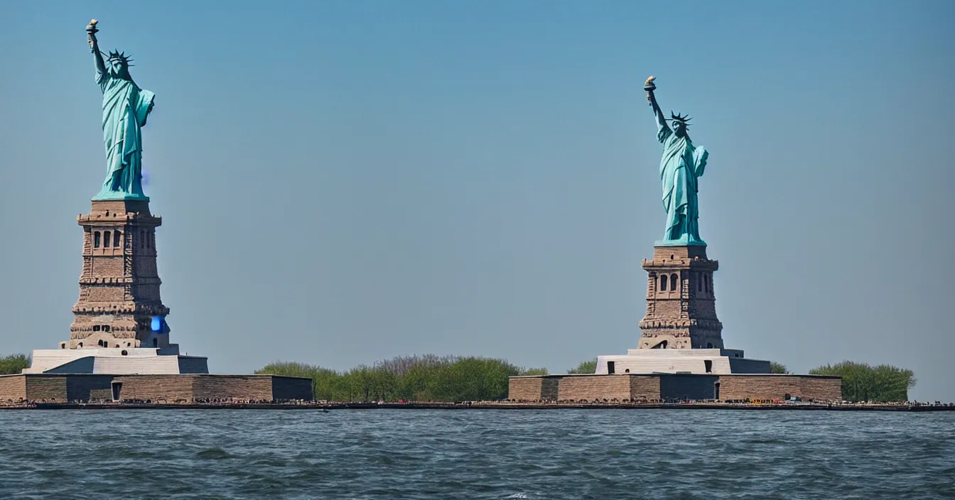 Prompt: the statue of liberty broke free from its pedestal and jumped into the water, realistic photo, composition