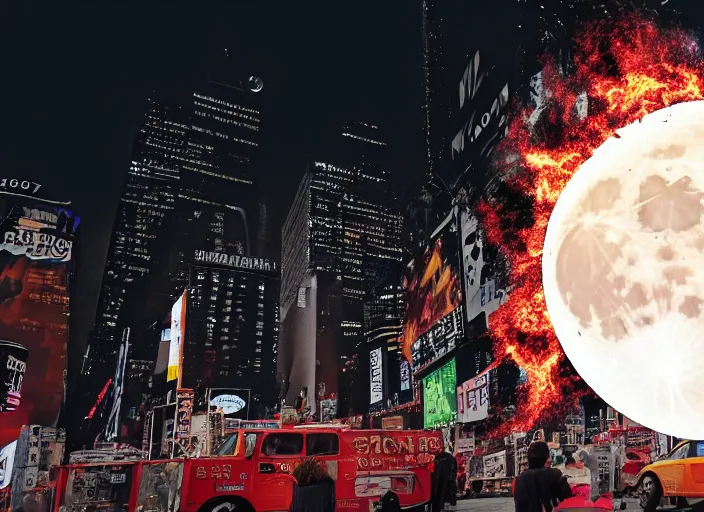 Image similar to film still of the moon shattering into pieces exploding moon over time square in the new disaster, 8 k, night time