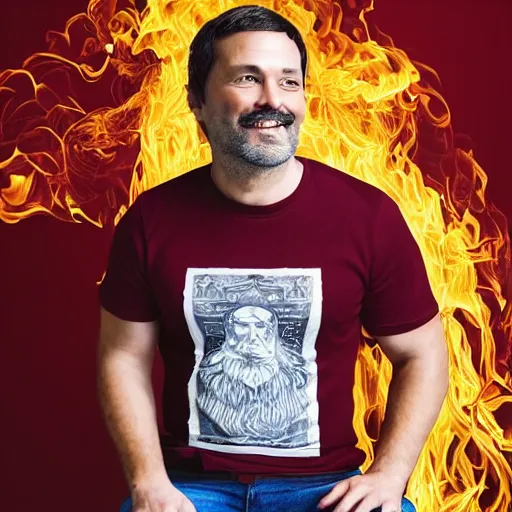 Prompt: a man in his early 4 0 s wearing a t - shirt of burgundy color and divine fire coming to his head