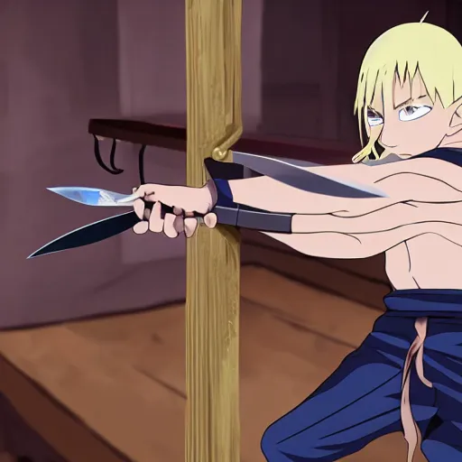 Prompt: young blonde boy fantasy thief with daggers in a tavern, full metal alchemist, anime style