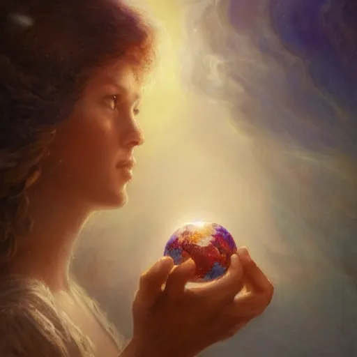 Image similar to A woman holding!!!!! Earth in her palms, illustrated by Greg Rutkowski and Gaston Bussiere, vividly radiantly beautiful lighting, closeup!!!!!, portrait imagery!!!!!, dazzling dappled lighting, subsurface scattering, light refractions, trending on artstation, 4k, 8k!!!!!