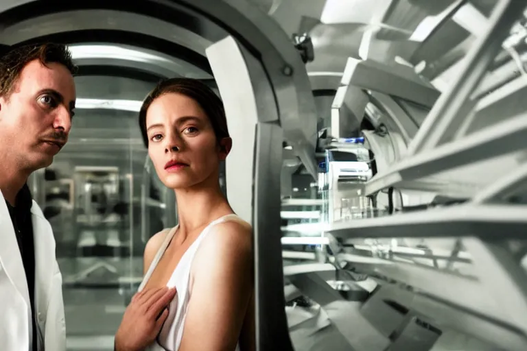 Image similar to movie closeup polar opposites, couple, researchers in a futuristic lab building inter dimensional portal machine, beautiful skin, Symmetrical faces. Beautiful lighting by Emmanuel Lubezki