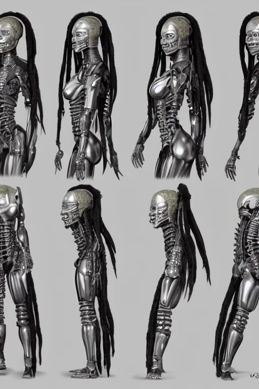 Image similar to african dreadlock hairstyles!! cyborg female with gunmetal grey skin, medical anatomy, paneled face, highly detailed, mecha, mechanical implants, three - perspective / three - view reference sheet ( front / back / side ), in the style of dan ouellette, dren from splice, hr giger, sil from species, artstation, unreal engine