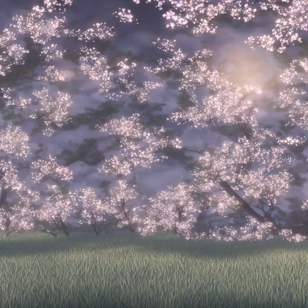 Prompt: film still of a field of delicate dainty blossoms, makoto shinkai, cinematic lighting, sunny, highly detailed, hand drawn, intricate, illuminated, 8k