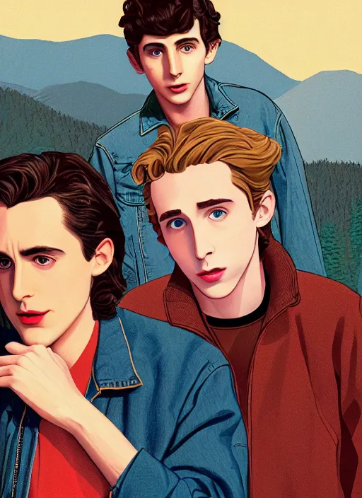 Prompt: Twin Peaks romance movie poster artwork by Michael Whelan and Tomer Hanuka, Rendering of Ryan Gosling wearing letterman jacket and Timothée Chalamet wearing denim jean jacket from scene from Twin Peaks, clean, full of details, by Makoto Shinkai and thomas kinkade, Matte painting, trending on artstation and unreal engine