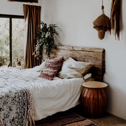 Image similar to bohemian minimalistic rustic bedroom topanga canyon photograph