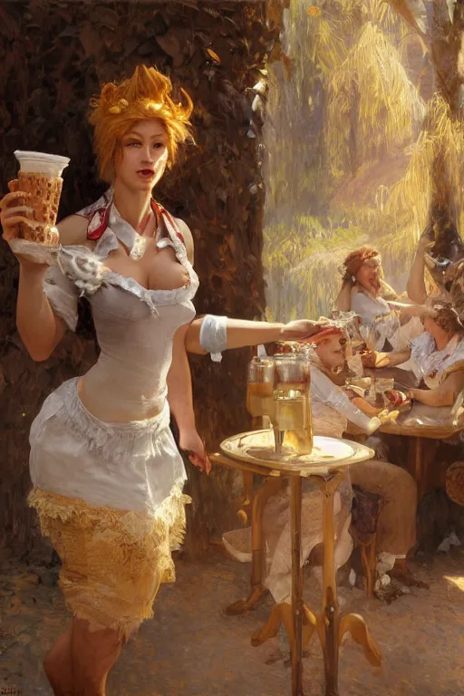 Image similar to a female anthro wolf serving milkshakes as a waitress, 4 k, furaffinity, furry art, trending on artstation, very expressive face, by gaston bussiere, craig mullins, sakimichan, gustav klimt, artgerm, greg rutkowski, alphonse mucha