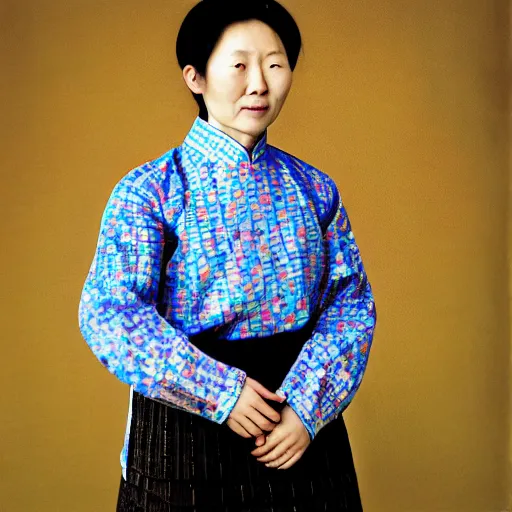 Image similar to realistic contamporary art photography by araki nobuyoshi of wearing traditional ukrainian shirt designed by taras shevchenko. smiling kim chen in