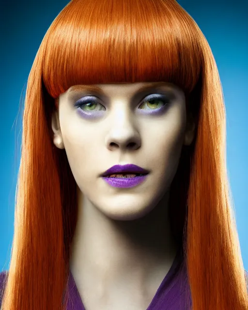 Image similar to dramatically - lit closeup portrait photograph of daphne from the scooby - doo live - action film ( 2 0 0 2 ), sharp details, vignette, high saturation, smooth textured skin, subsurface scattering, purple outfit, photograph by mark mann and martin schoeller and annie leibovitz, 4 k, soft focus, centered, symmetrical