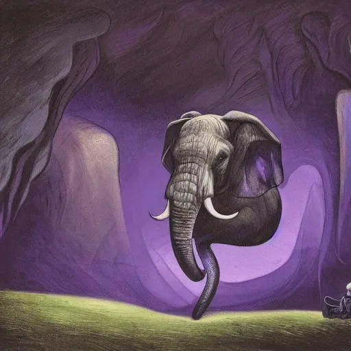 Image similar to purple elephant running stuck in a cave entrance because it is too small, close up camera angle, raining, mountain behind meadow, menacing, illustration, detailed, smooth, soft, cold, by Adolf Lachman, Shaun Tan, Surrealism