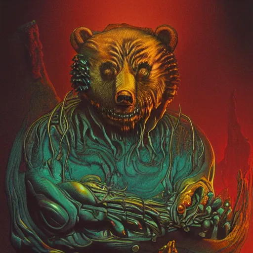 Prompt: undead bear, fluid, smooth, bright colours, high contrast, sharpness, beautiful, peaceful, very detailed, intricate, volumetric lighting, by giger and corben and moebius and beksinski and bosch and bacon