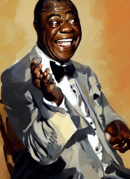 Prompt: a portrait of louis armstrong telling a joke, by greg manchess and john singer sargent and jonathan yeo, dramatic lighting, highly detailed digital painting