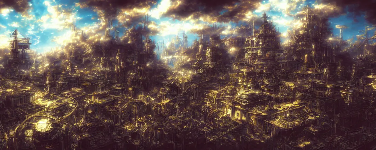 Image similar to steampunk anime landscape, beautiful, artstation trending, deviantart, highly detailed, focus, smooth, by hirohiko araki, yoshitaka amano