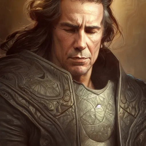 Image similar to portrait of jean baudrillard, soft hair, muscular, half body, leather, d & d, fantasy, intricate, elegant, highly detailed, digital painting, artstation, concept art, smooth, sharp focus, illustration, art by artgerm and greg rutkowski and alphonse mucha