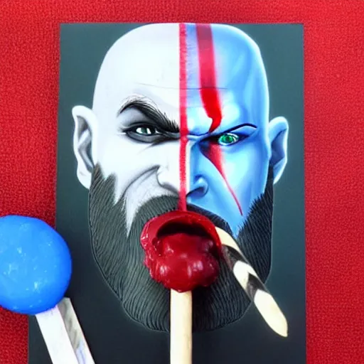 Image similar to kratos the god of war licking a lollipop