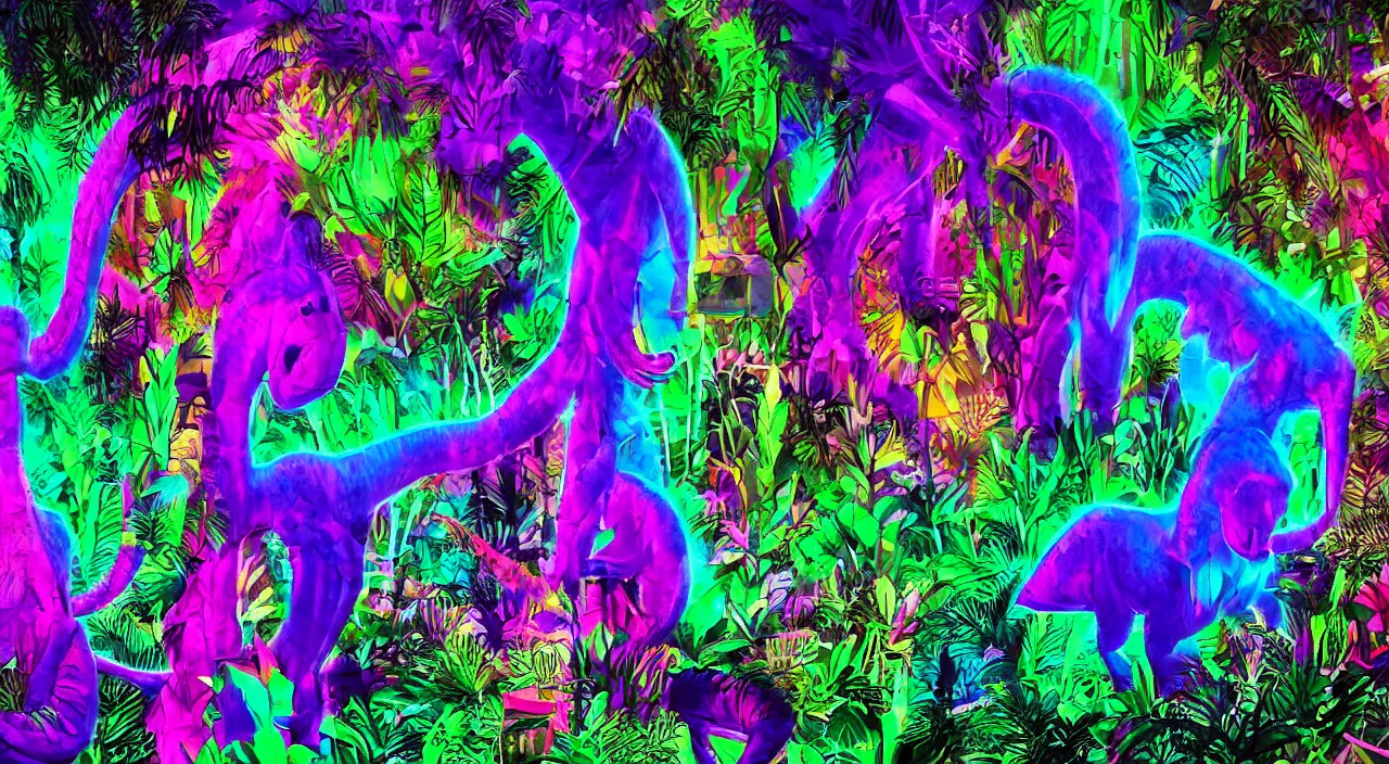 Image similar to spectral purple neon dinosaur, spectral neon pink dinosaur, spectral yellow neon dinosaur, green jungle background, detailed, ultrawide landscape