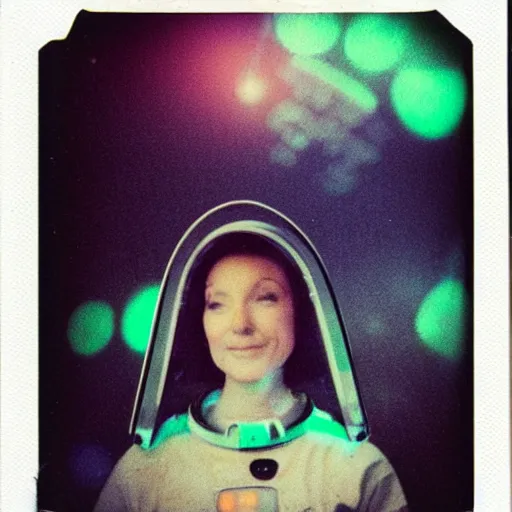 Image similar to a polaroid portrait of a beautiful woman wearing a space helmet, starry background, bokeh, lit from behind, heavy film grain, color bleed