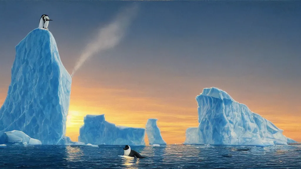 Prompt: the most beautiful panoramic landscape, oil painting, where a giant iceberg is lost in middle of the artic ocean, a giant penguin is exhaling steam while walking over the iceberg, the artic ocean is reflecting the giant penguin over the iceberg and the ray lights of the sunset are brightening him, by greg rutkowski