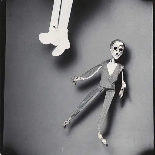 Image similar to 1 9 5 0 s, creepy marionette puppet jumping towards viewer, horror, lost photograph, forgotten, polaroid,