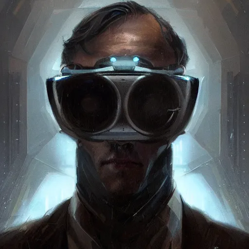 Prompt: Portrait of a man by Greg Rutkowski, symmetrical face, an young man with a VR Heaset covering his eyes, Kubric Stare, cold, twisted and sinister smile, highly detailed portrait, scifi, digital painting, artstation, book cover, cyberpunk, concept art, smooth, sharp foccus ilustration, Artstation HQ