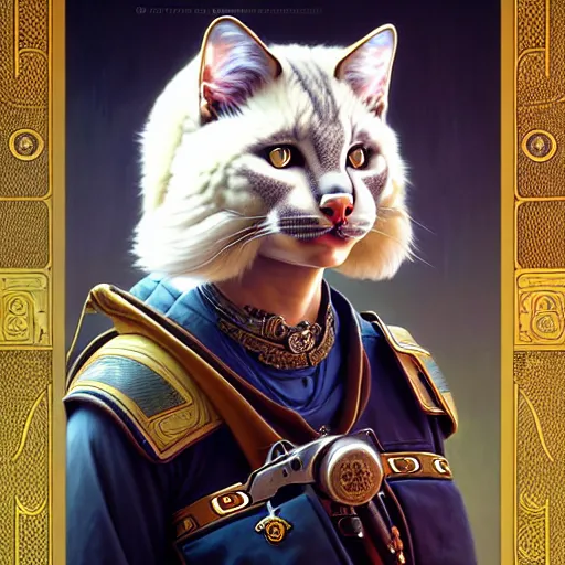 Image similar to portrait painting of a friendly tabaxi police officer, white fur, ultra realistic, concept art, intricate details, eerie, highly detailed, photorealistic, octane render, 8 k, unreal engine. art by artgerm and greg rutkowski and magali villeneuve and alphonse mucha