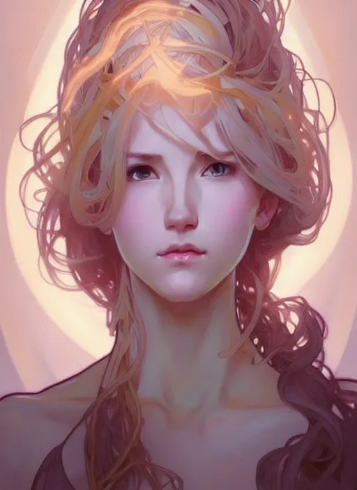 Image similar to digital character concept art by artgerm and greg rutkowski and alphonse mucha. clear portrait of a modern young wife blessed by god to uncontrollably become overwhelmingly perfect!! blonde, in clothes! obviously feminine well - formed holy body!! light effect. hyper detailed, glowing lights!! intricate, elegant, digital painting, artstation, smooth, sharp focus