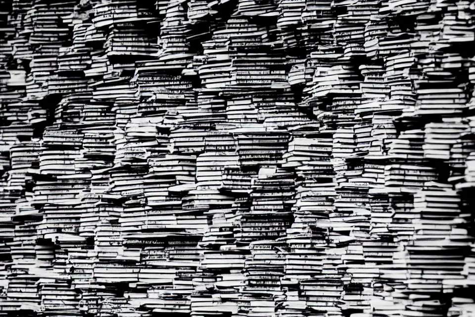 Image similar to a castle made of books, black and white photography