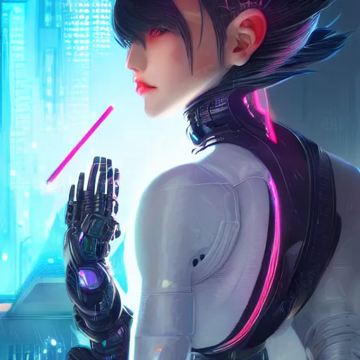 Image similar to portrait futuristic Cyber Ninja Girl, in future cyberpunk tokyo rooftop, ssci-fi, fantasy, intricate, very very beautiful, elegant, neon light, highly detailed, digital painting, artstation, concept art, smooth, sharp focus, illustration, art by alphonse mucha and tian zi and WLOP