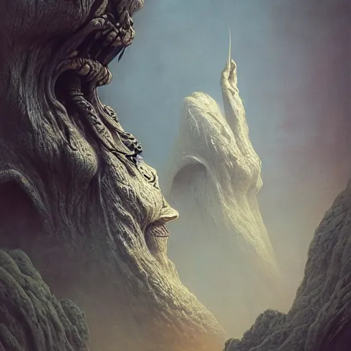 Image similar to Realistic creatue of Zdzisław Beksiński .concept art, wide angle shot, oriental fantasy, Peter Mohrbacher, insanely detailed and intricate, golden ratio, hypermaximalist, matte painting, cinematic, cgsociety, James jean, Brian froud, ross tran,octane render , unreal engine , hyper realistic , 8k render , octane render