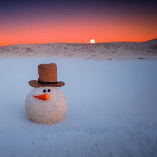 Prompt: a snowman is lost in the desert at sunset, he’s next to a sandman made of sand, beautiful photography, 8k, ambient light