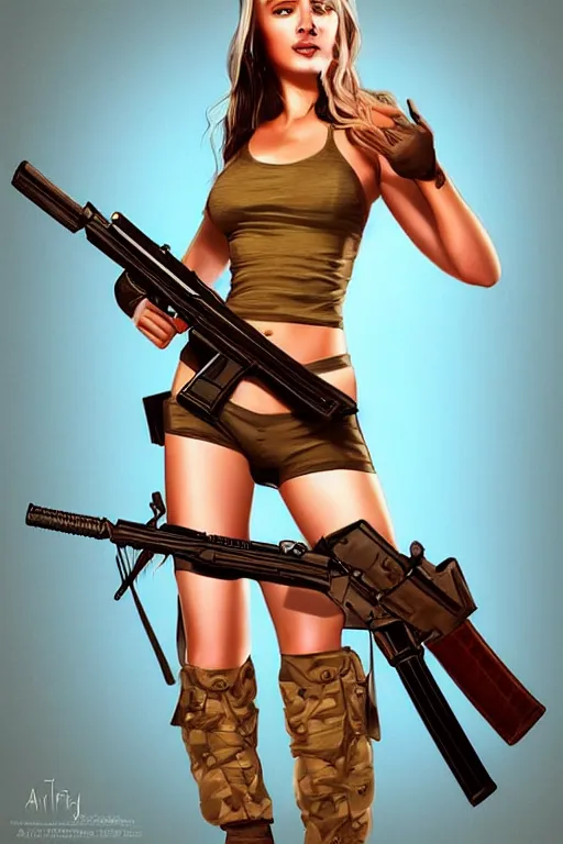 Prompt: a full body photo of sexy female soldier holding realistic ak - 4 7 gun, desert background, symmetrical facial feature, by artgerm, elegant beautiful