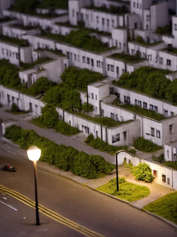 Prompt: detailed miniature diorama a soviet residential building, brutalism architecture, car parking nearby, elderly man passing by, warm and joyful atmosphere, summer, streetlamps, several birches nearby