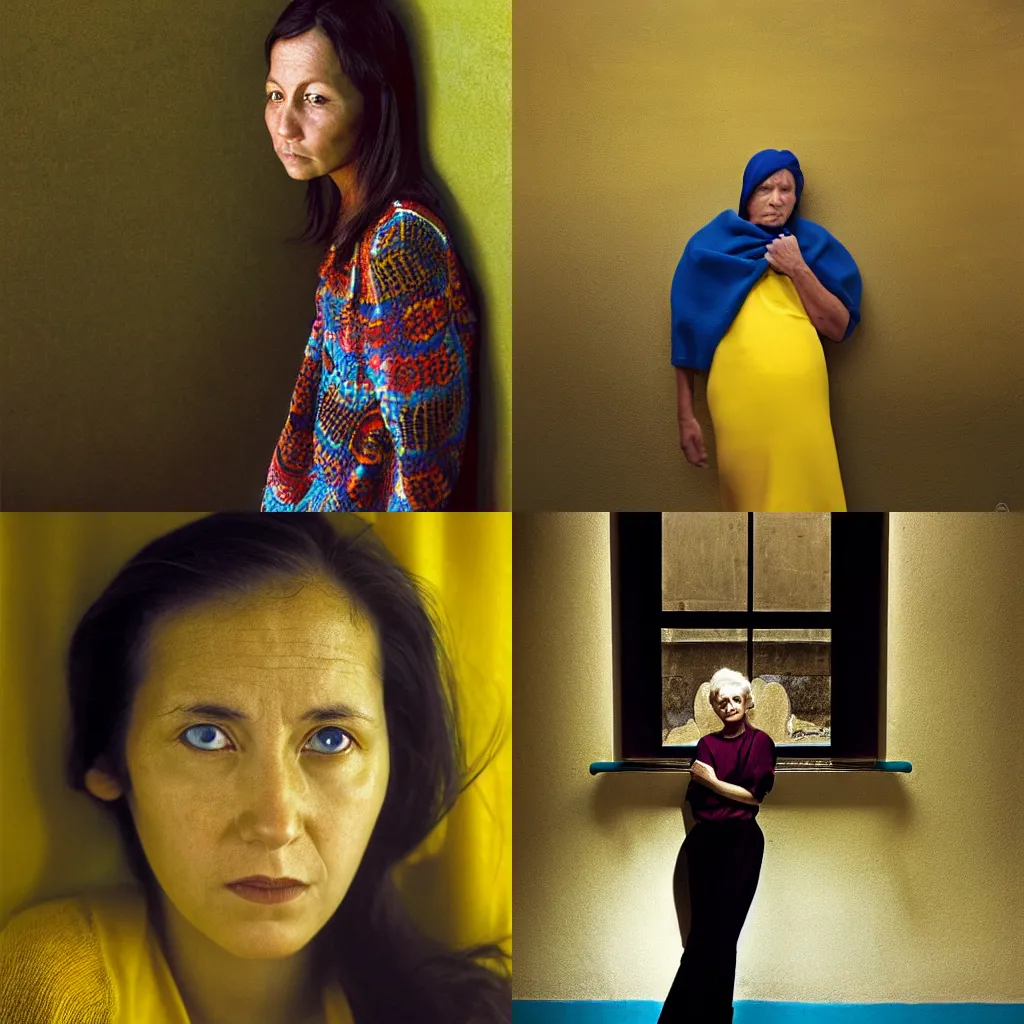 Prompt: woman, beautiful, thinking, relaxed, staring at the camera,, warm blue and yellow studio lightning, by steve mccurry, photograph, portrait