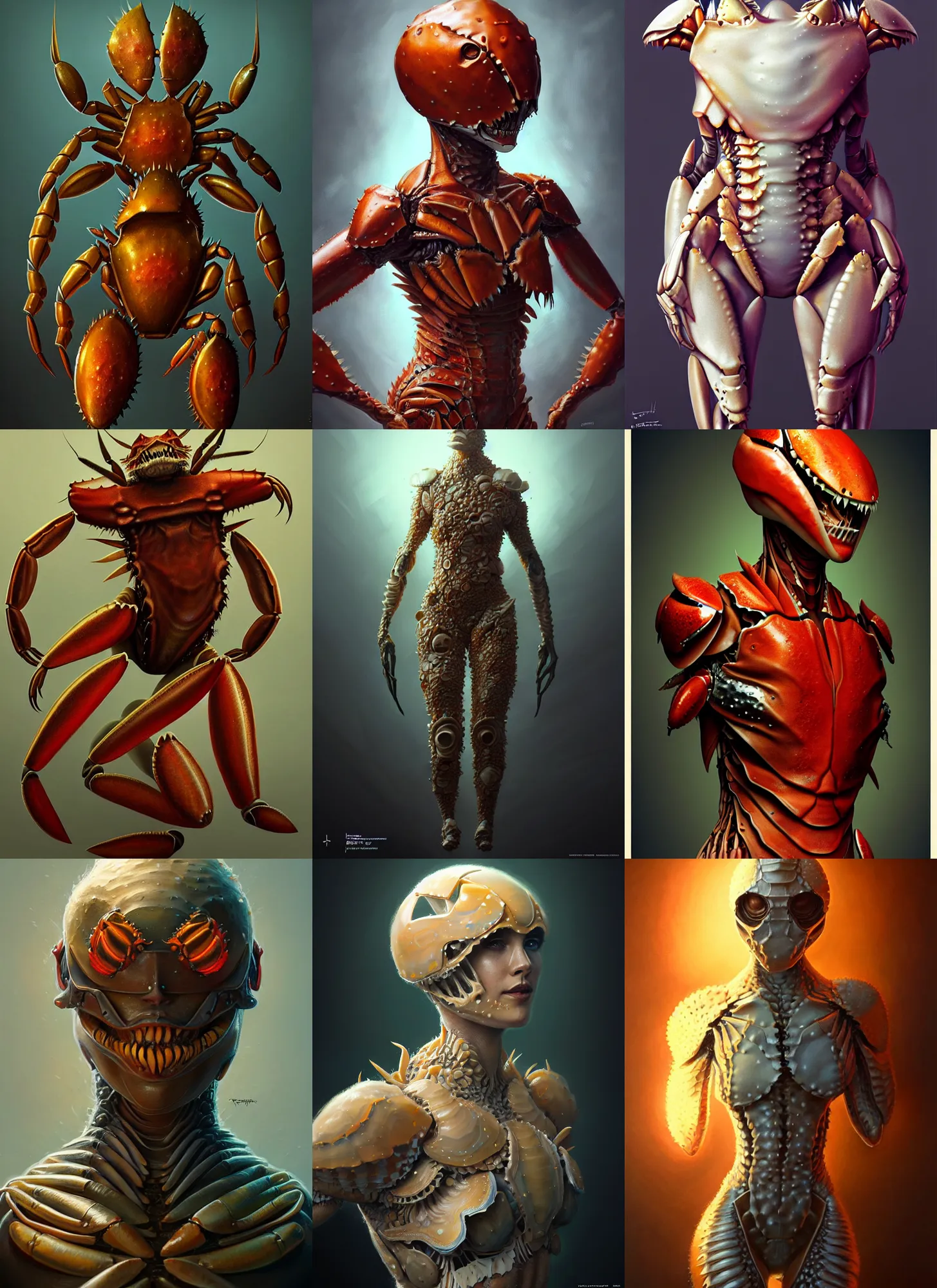 Prompt: ! suit! made out of!!! crab shells!!!, diffuse lighting, fantasy, highly detailed, photorealistic, digital painting, artstation, illustration, concept art, smooth, sharp focus, in the style of tom bagshaw