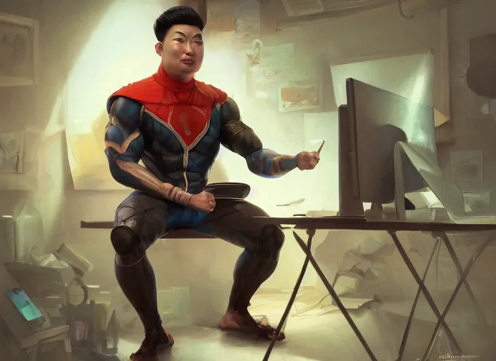 Image similar to an insanely detailed painting of an asian man wearing a homemade superhero costume, sitting at a desk, staring seriously at the computer and typing, in the style of peter mohrbacher, james jean, artgerm, dramatic lighting and composition, surreal background, octane render, pixar, trending on artstation, concept art, comic book, view from behind, 8 k