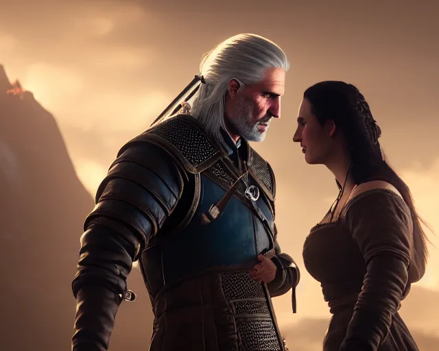 Prompt: 5 5 mm portrait photo of geralt arguing with yennefer of vengerberg. magical atmosphere. art by greg rutkowski. highly detailed 8 k. intricate. lifelike. soft light. nikon d 8 5 0.