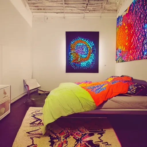 Image similar to hip bedroom of a millennial shot at night, high detail, neon lights, rug under bed, colorful art