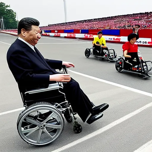 Image similar to xi jinping in a wheelchair racing formula 1 track