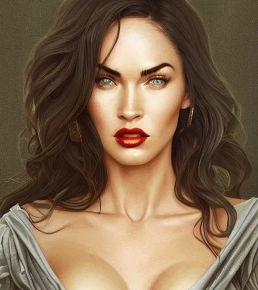 Image similar to megan fox wearing a golden dress, grey hair, red necktie, cinematic, stunning, highly detailed, digital painting, artstation, smooth, hard focus, full body shot, illustration, art by artgerm and greg rutkowski and alphonse mucha