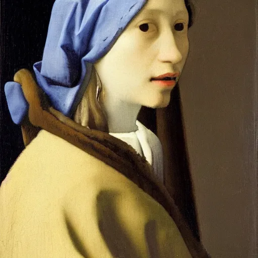 Image similar to A portrait created by Johannes Vermeer of a young woman, delicate and serene, in muted colors.