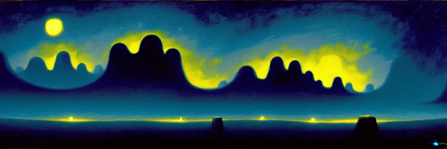 Image similar to cartoon paul lehr narrow night landscape with farawaymountains dark blue tones